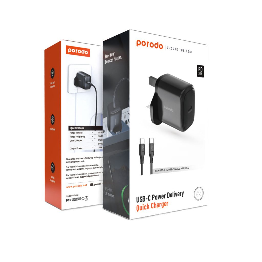 Porodo 20W Single USB C Charger UK With Type C to C Cable 1.2M 2