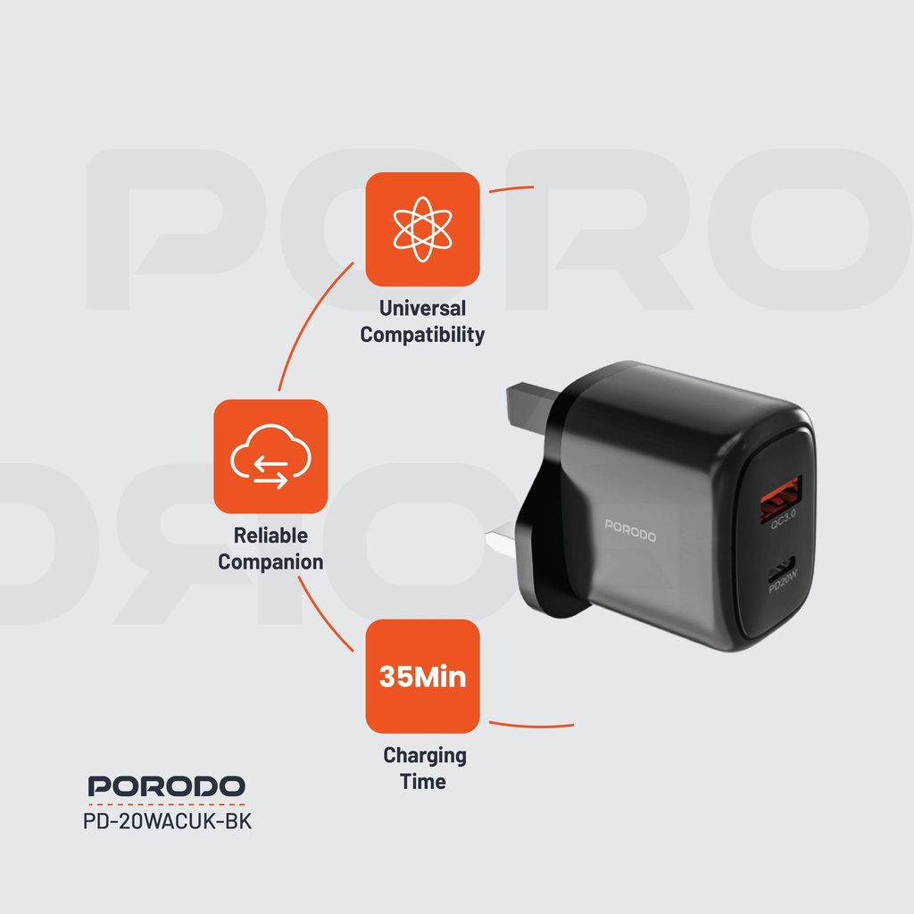 Porodo 20W+QC USB A+C Charger UK 5