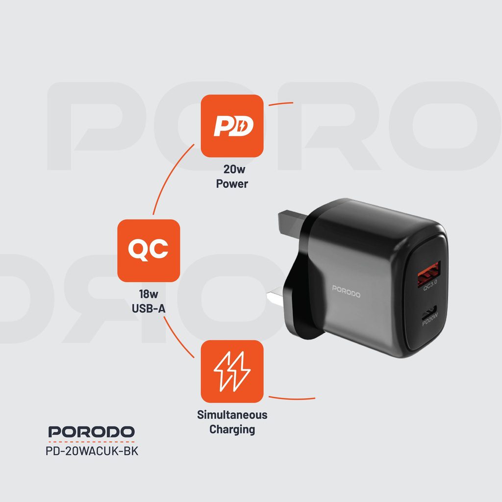 Porodo 20W+QC USB A+C Charger UK 8