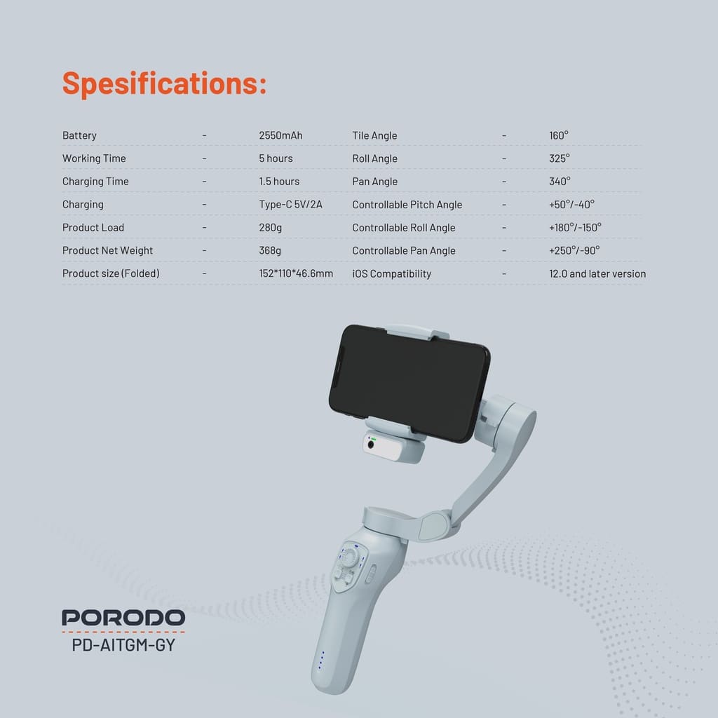 Porodo 3-Axis Gimbal Stabilizer Al Tracking &amp; Gestures &amp; IOS/Android APP 5