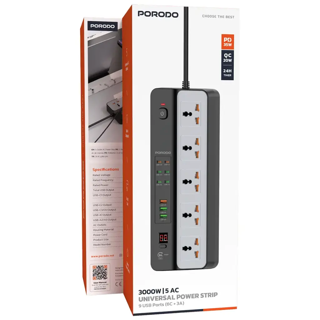 Porodo 3000W 5AC Universal Power Strip with 9 USB Ports 3