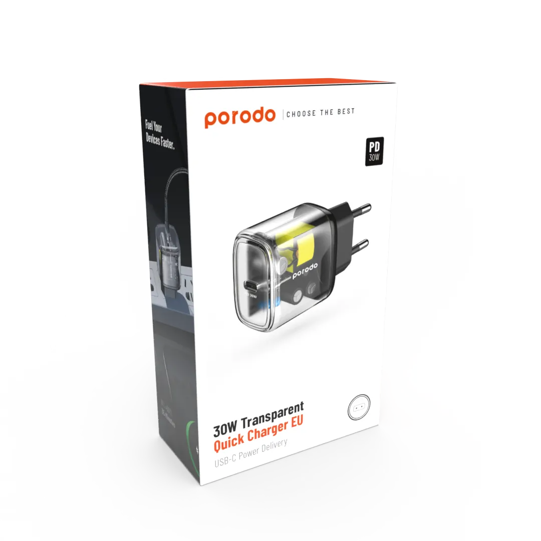 Porodo 30W Transparent Quick Charger USB-C Power Delivery EU 3