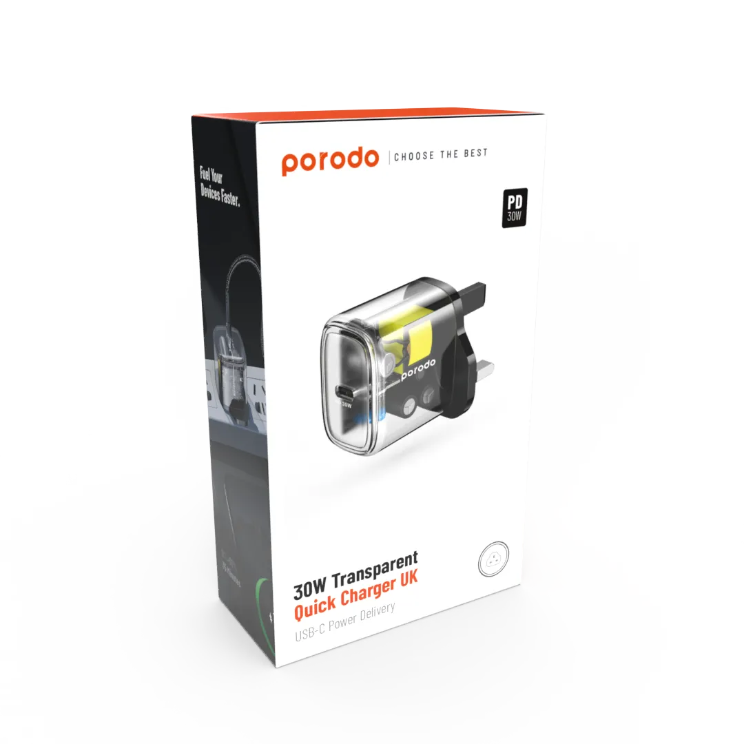 Porodo 30W Transparent Quick Charger USB-C Power Delivery UK 2