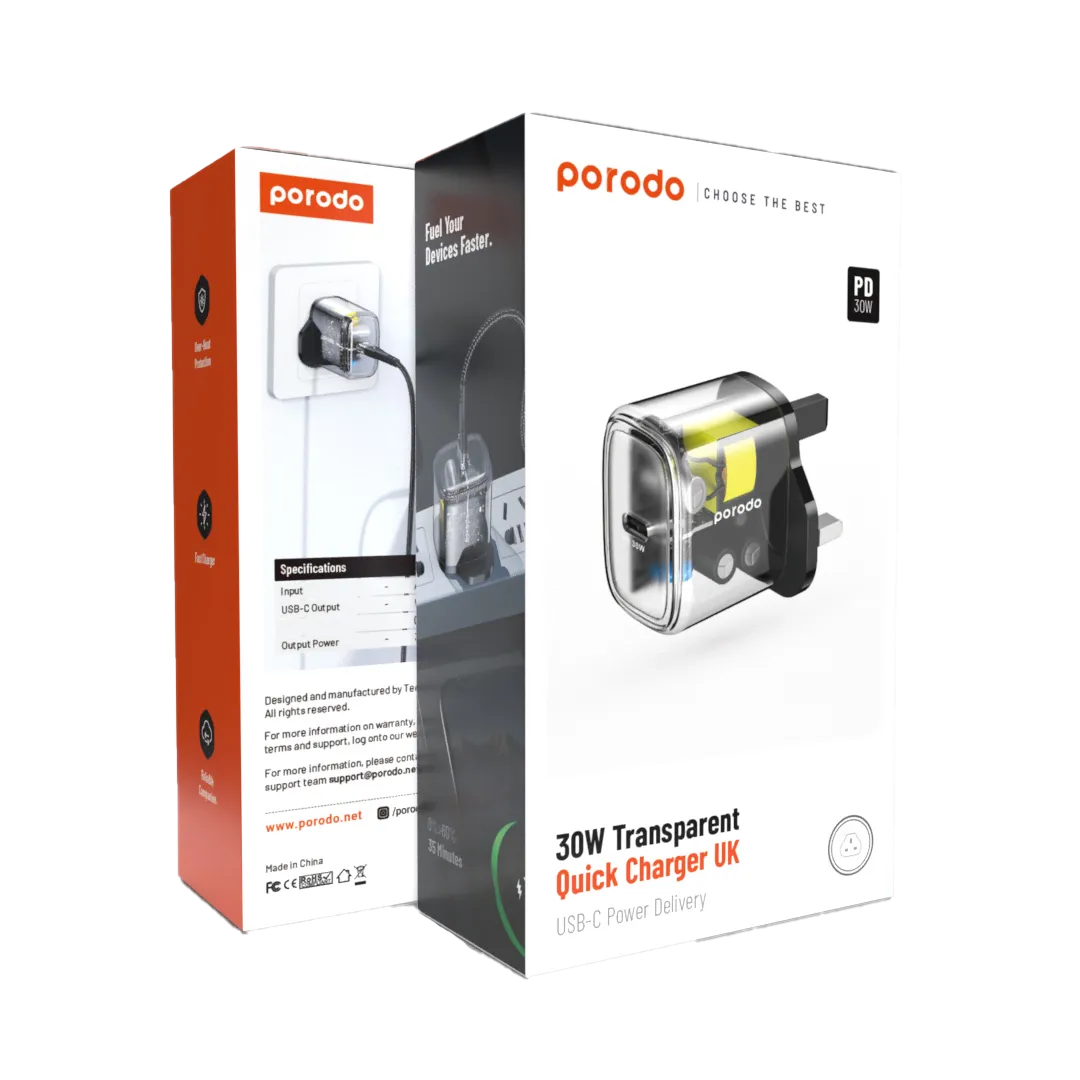 Porodo 30W Transparent Quick Charger USB-C Power Delivery UK 3