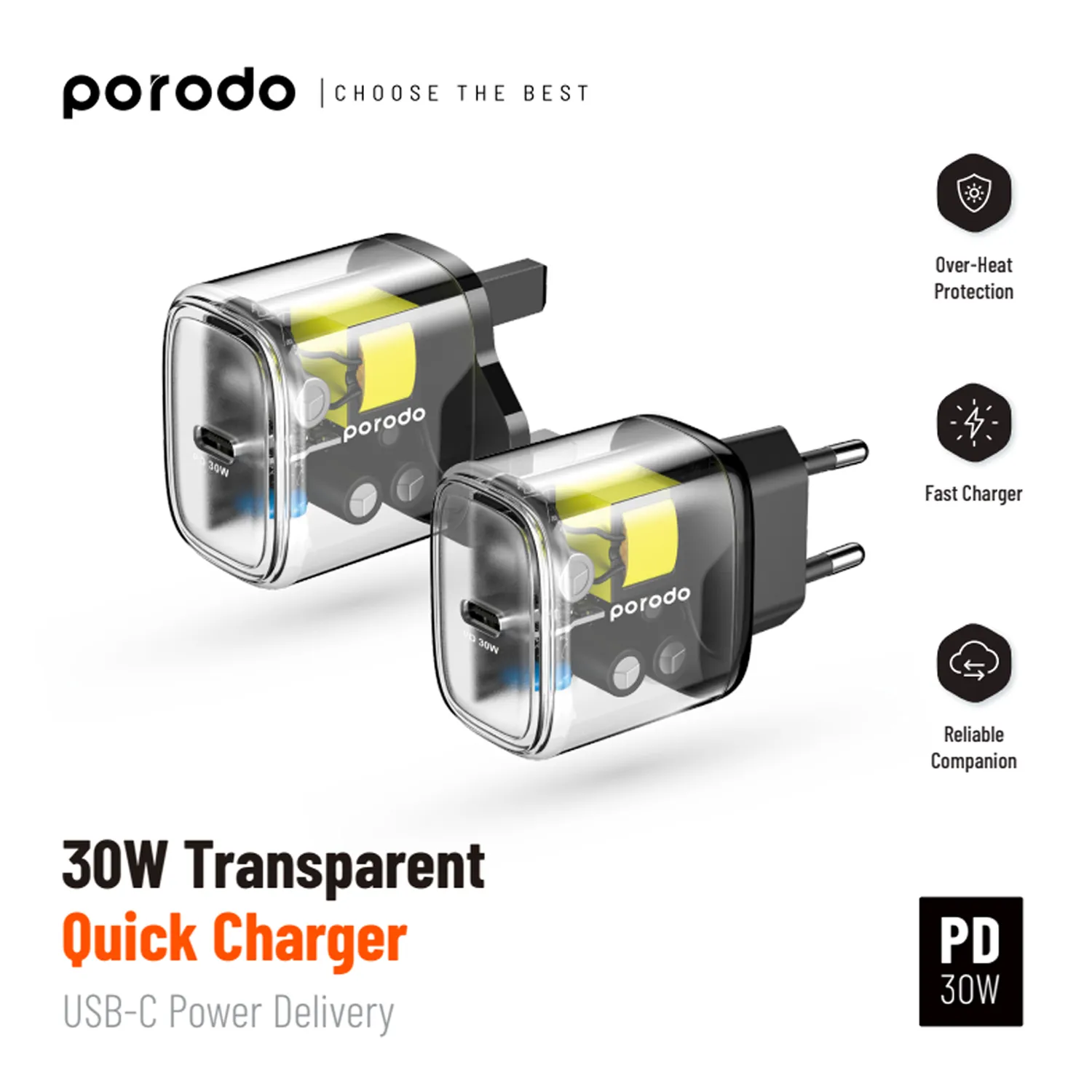 Porodo 30W Transparent Quick Charger USB-C Power Delivery UK 7