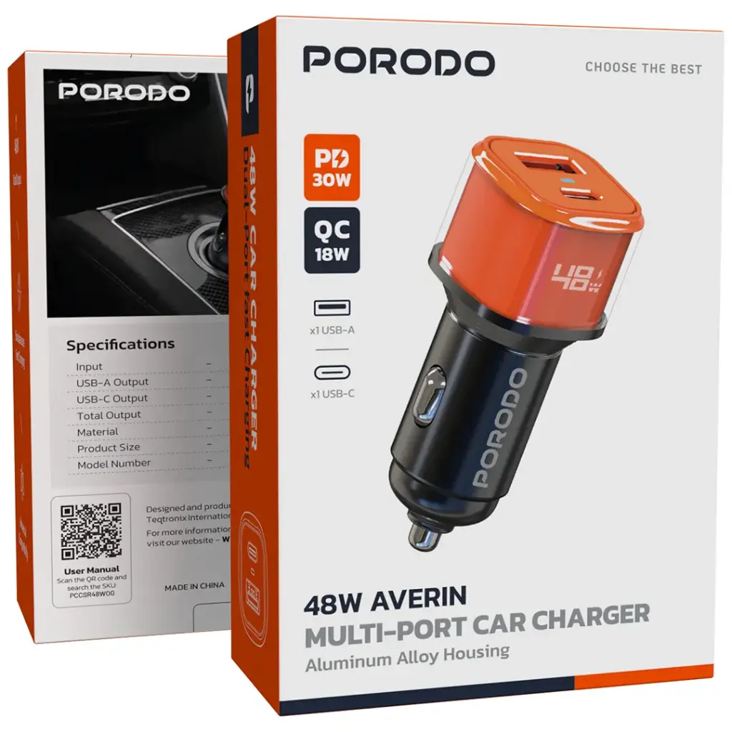 Porodo 48W Averin Multi-Port Car Charger Aluminum Alloy Housing 3