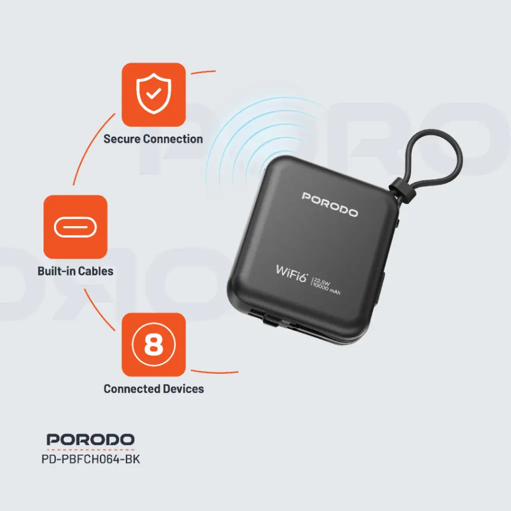 Porodo 4G LTE | WIFI 6 Pocket Router 10000mAh Power Bank 5