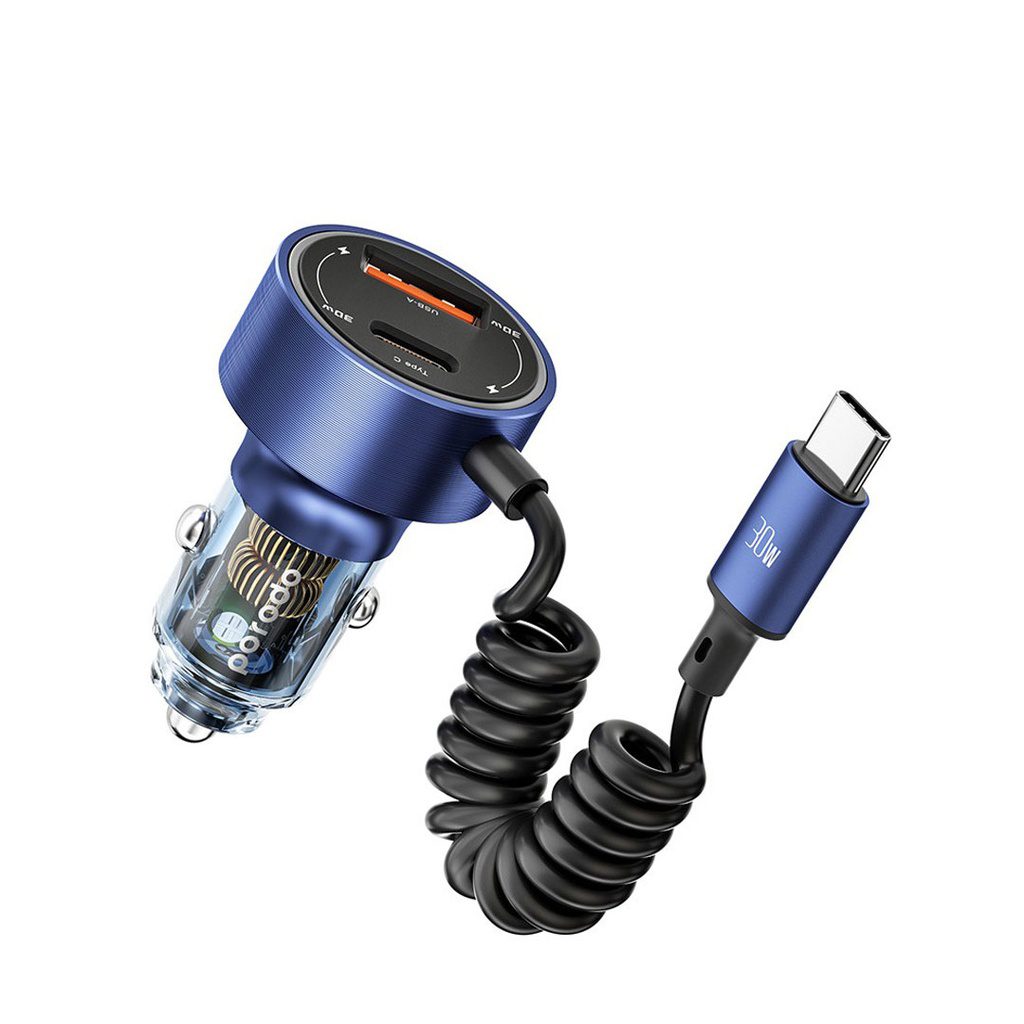 Porodo 60W Dual Port Transparent Aluminum Car Charger Integrated Type-C Cable 3