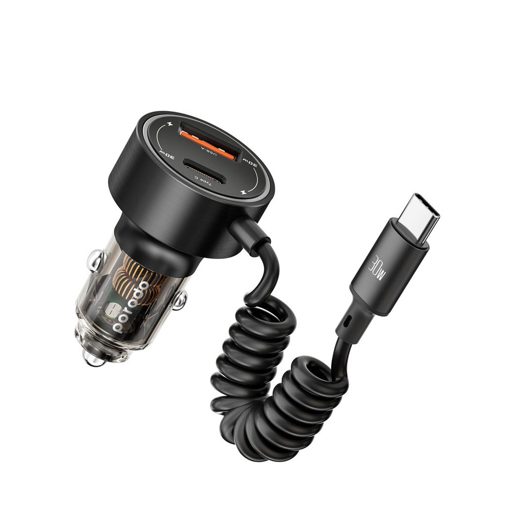 Porodo 60W Dual Port Transparent Aluminum Car Charger Integrated Type-C Cable 4
