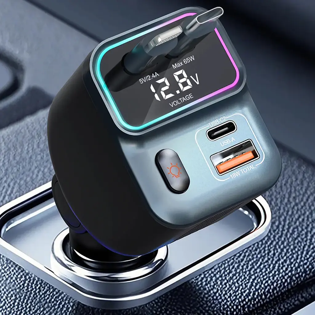 Porodo 65W Car Charger Dual Retractable Cable 3