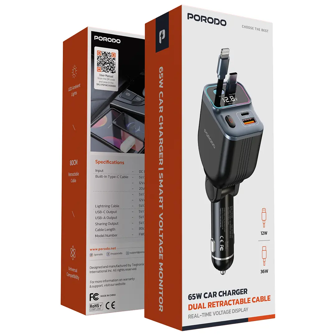 Porodo 65W Car Charger Dual Retractable Cable 4