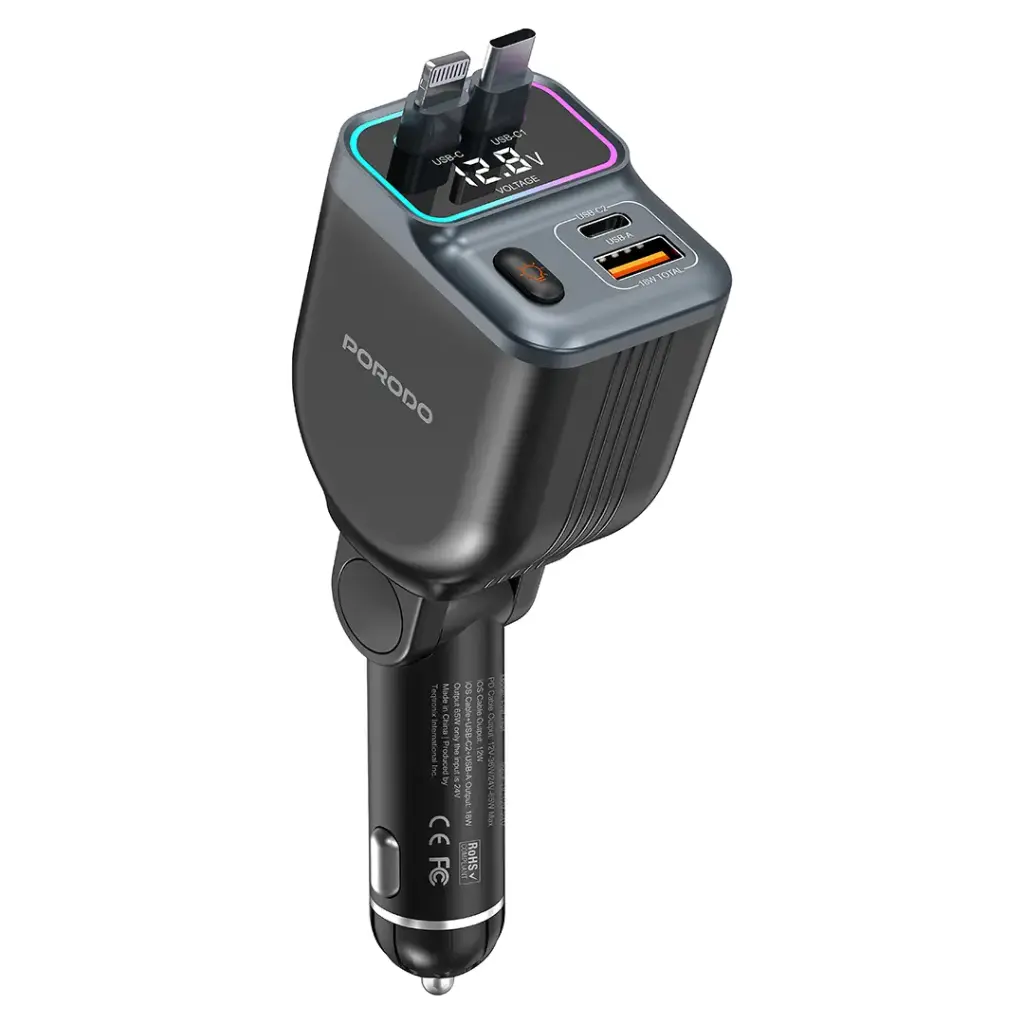 Porodo 65W Car Charger Dual Retractable Cable 5