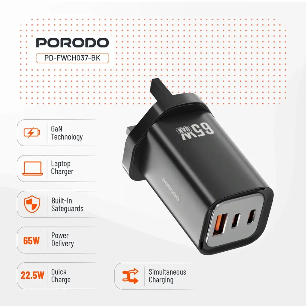 Porodo 65W Triple Output Quick Wall Charger 8