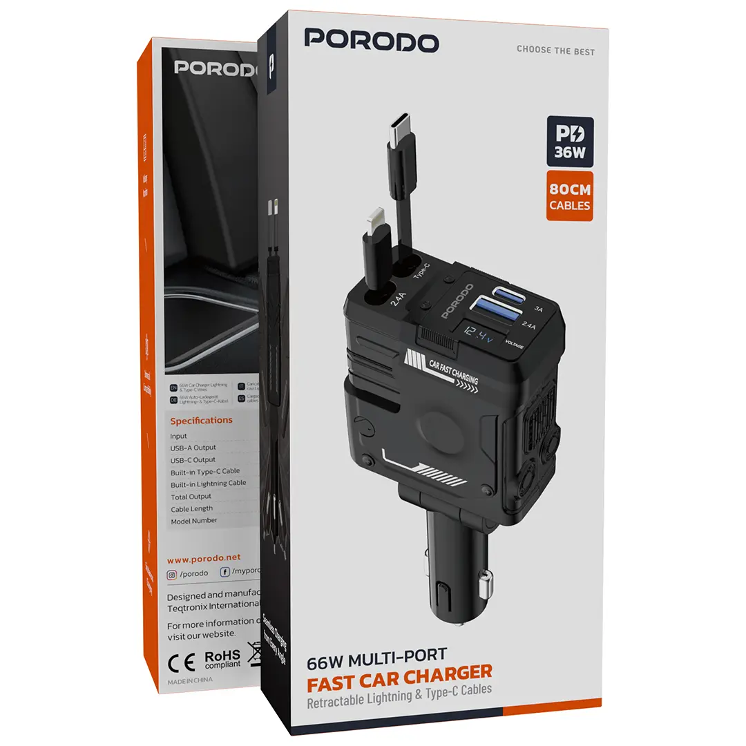 Porodo 66W Car Charger Lightning &amp; Type -C Wires 2