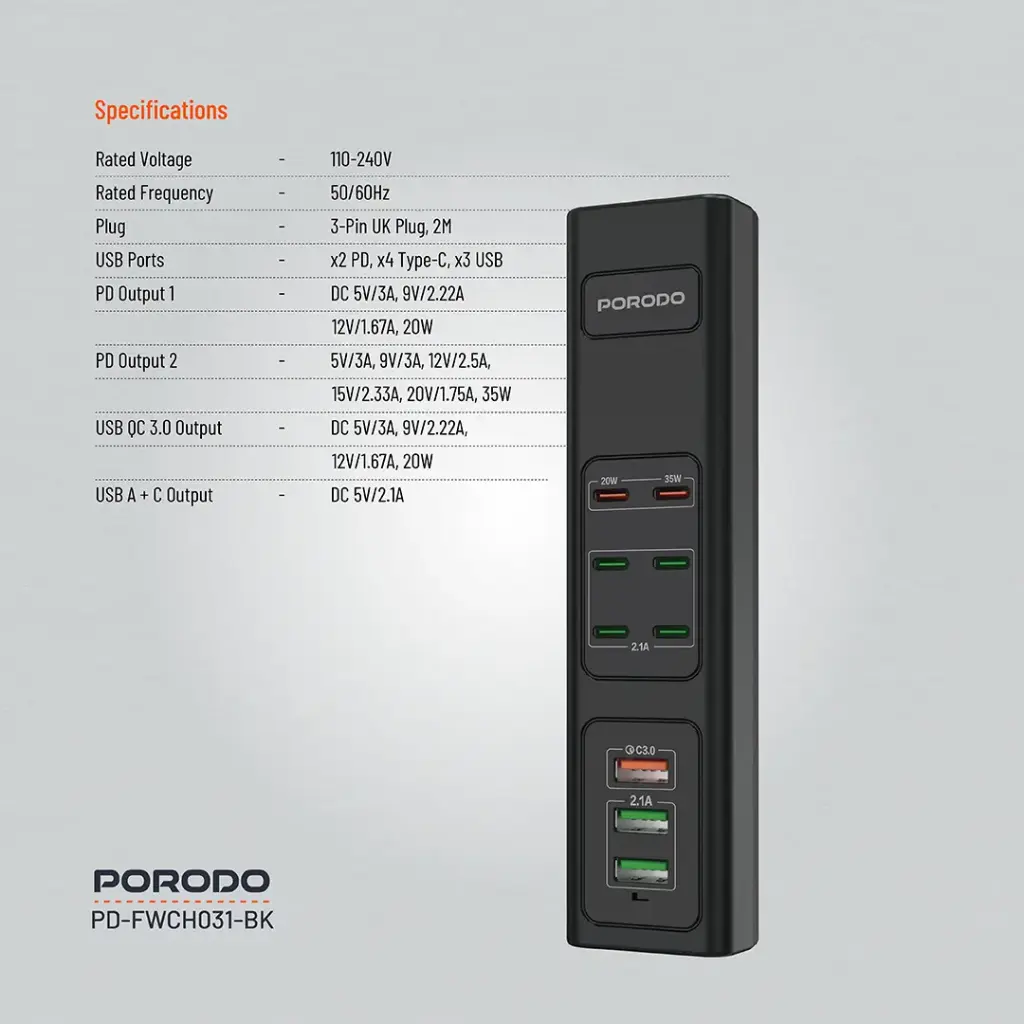 Porodo 85W Multi-Port USB Charging HUB 6