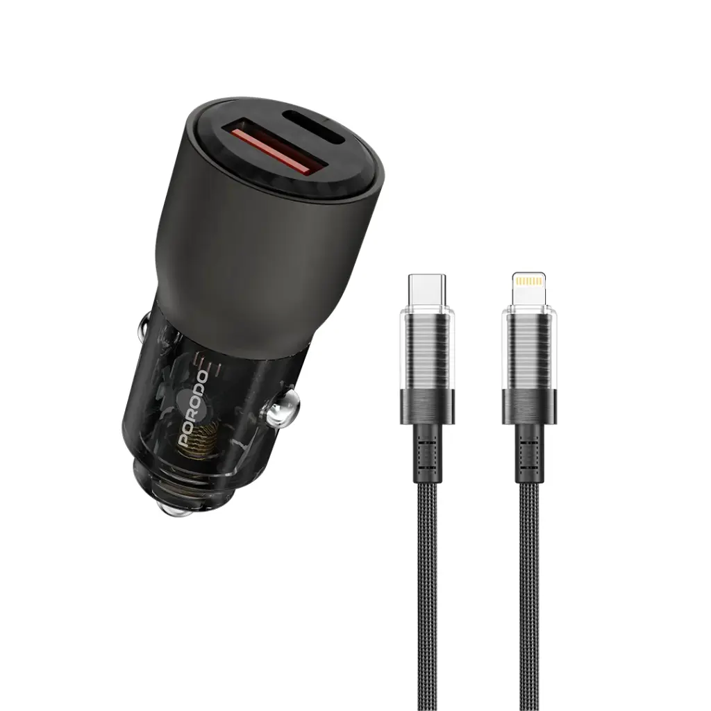 Porodo 95W Car Charger Transparent With 0.9M Lightning Cable 2