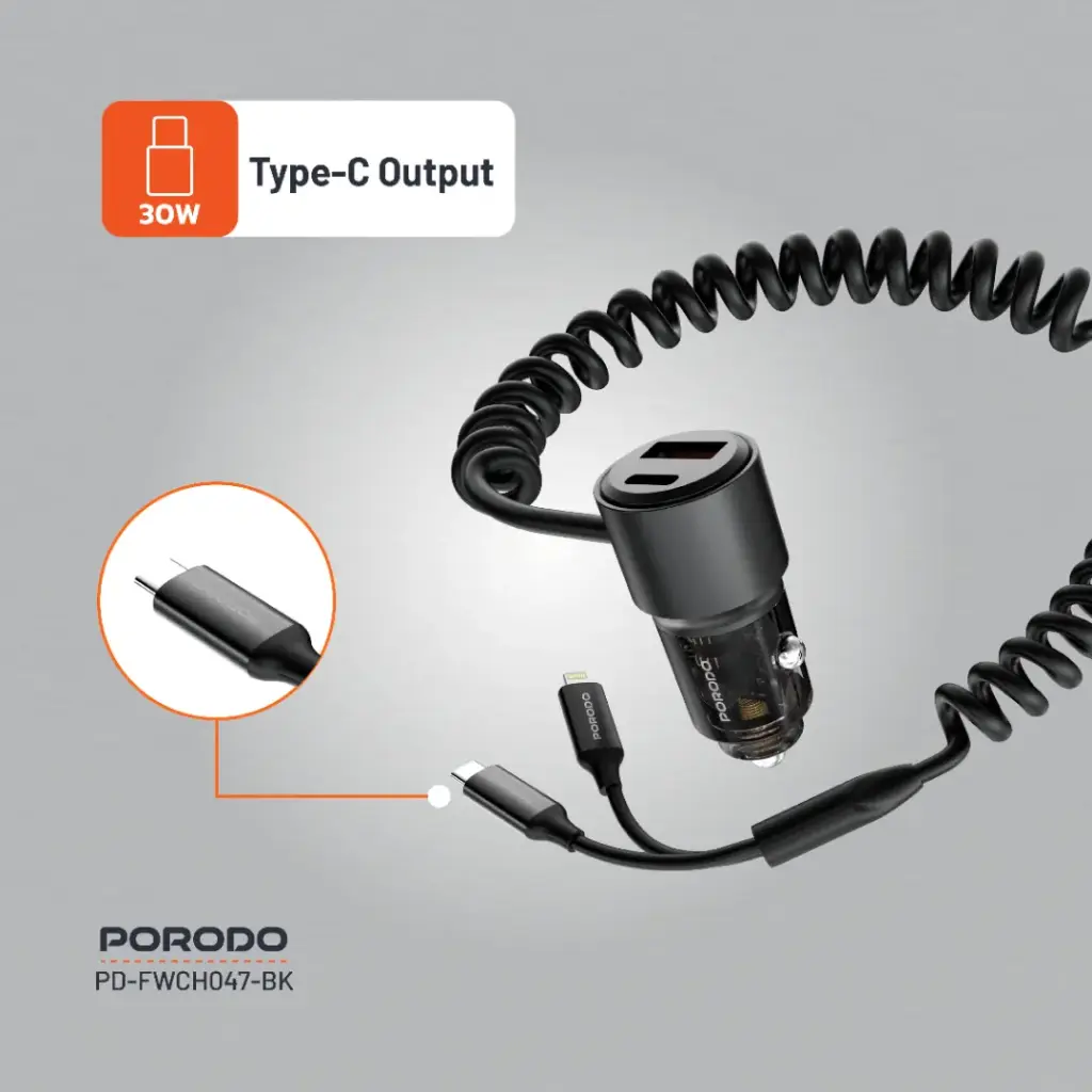 Porodo 95W Car Charger Transparent with Coiled Cable 2