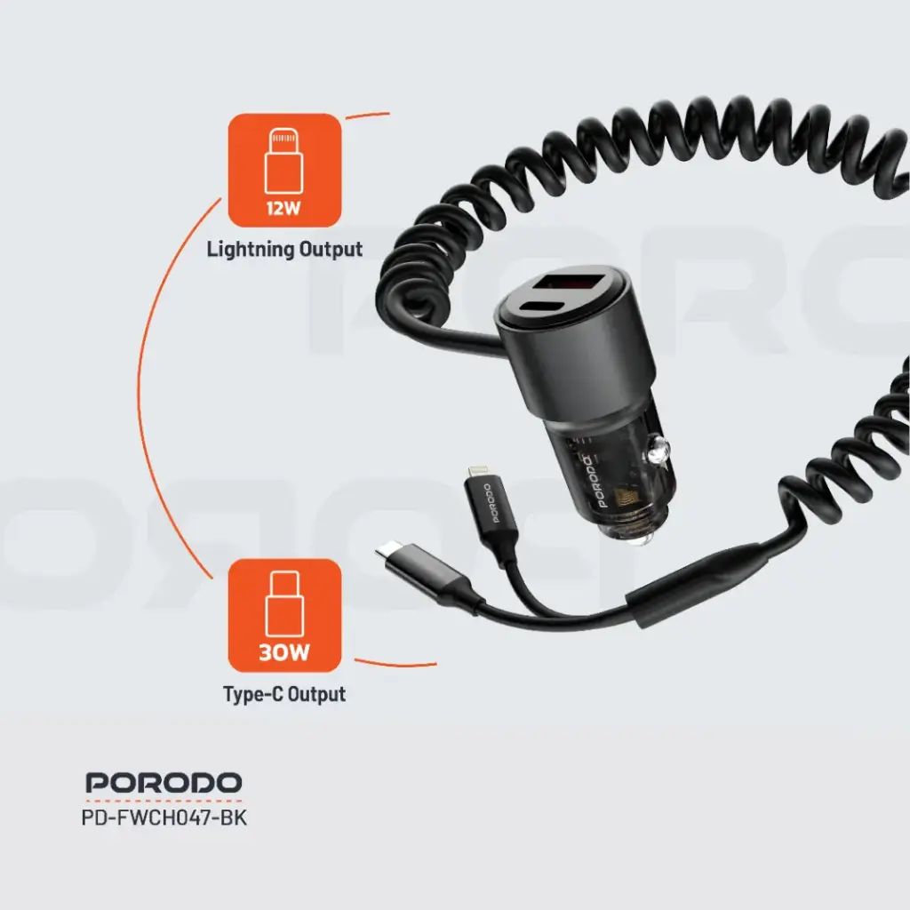 Porodo 95W Car Charger Transparent with Coiled Cable 4