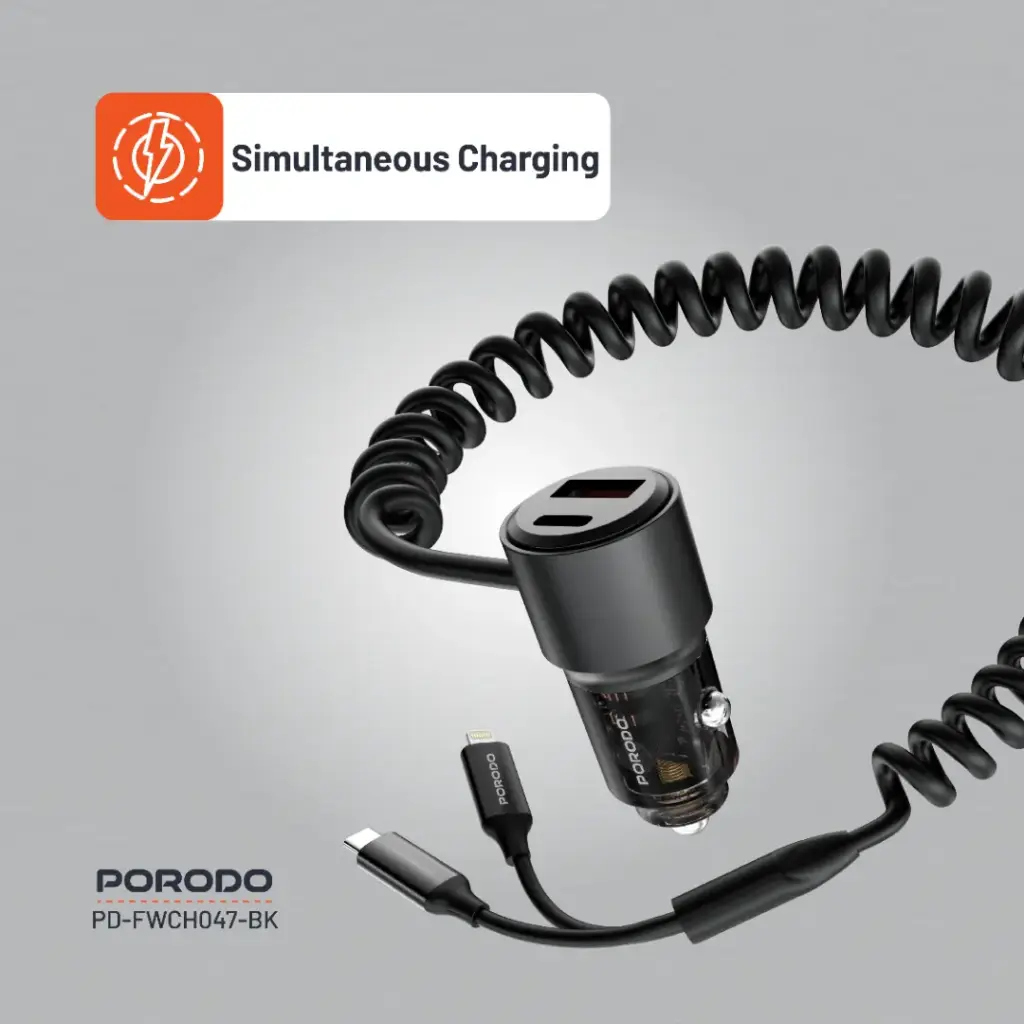Porodo 95W Car Charger Transparent with Coiled Cable 5