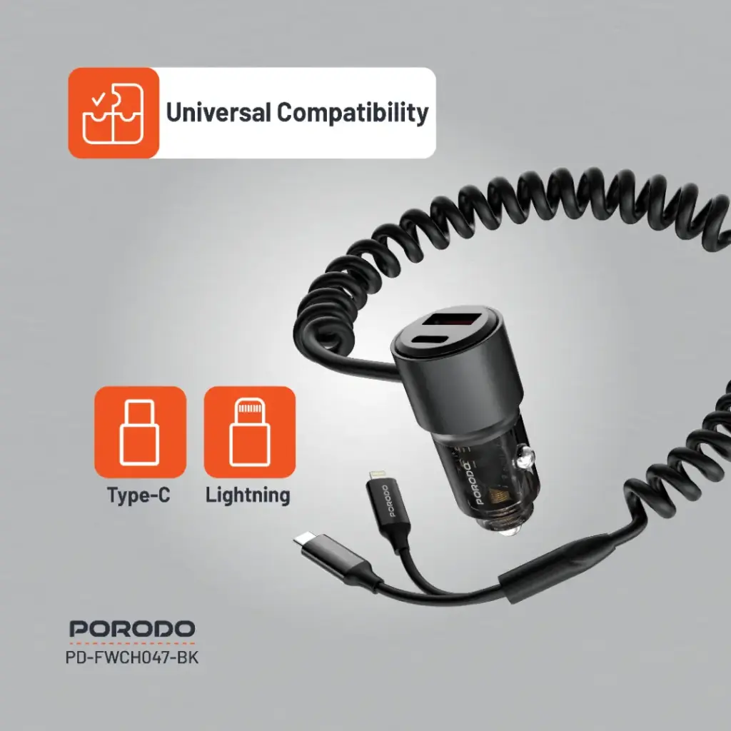 Porodo 95W Car Charger Transparent with Coiled Cable 6
