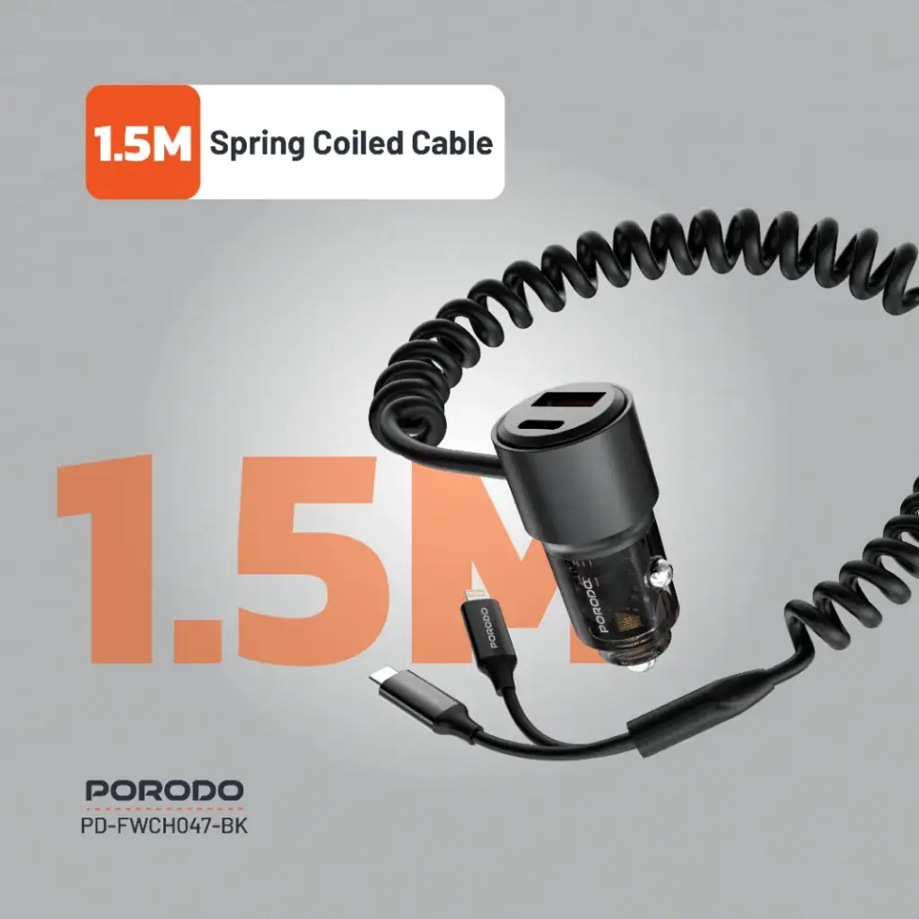 Porodo 95W Car Charger Transparent with Coiled Cable 7