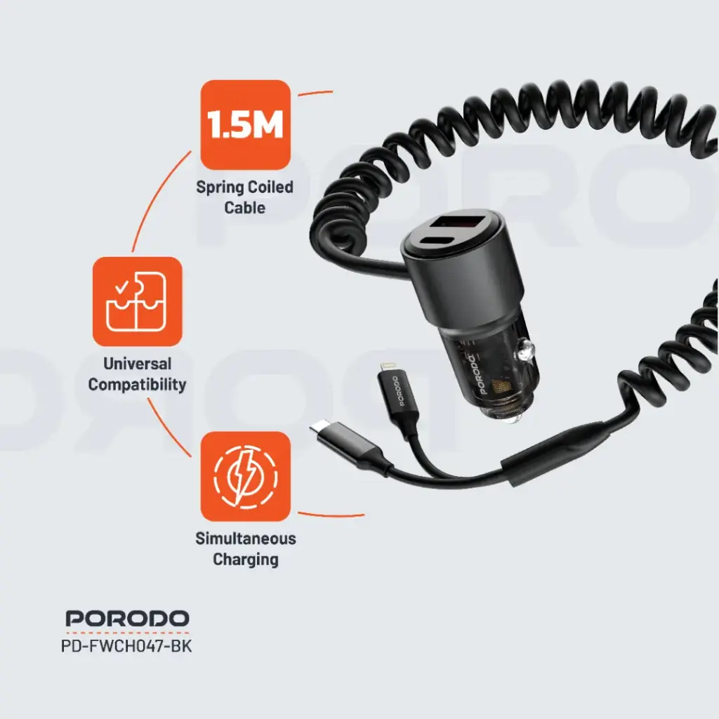 Porodo 95W Car Charger Transparent with Coiled Cable 8