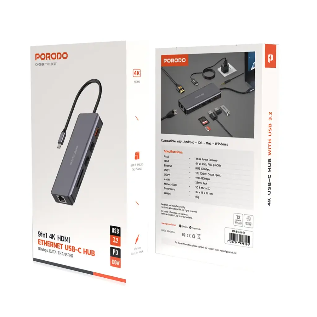 Porodo 9in1 HDMI Ethernet USB-C Hub 2
