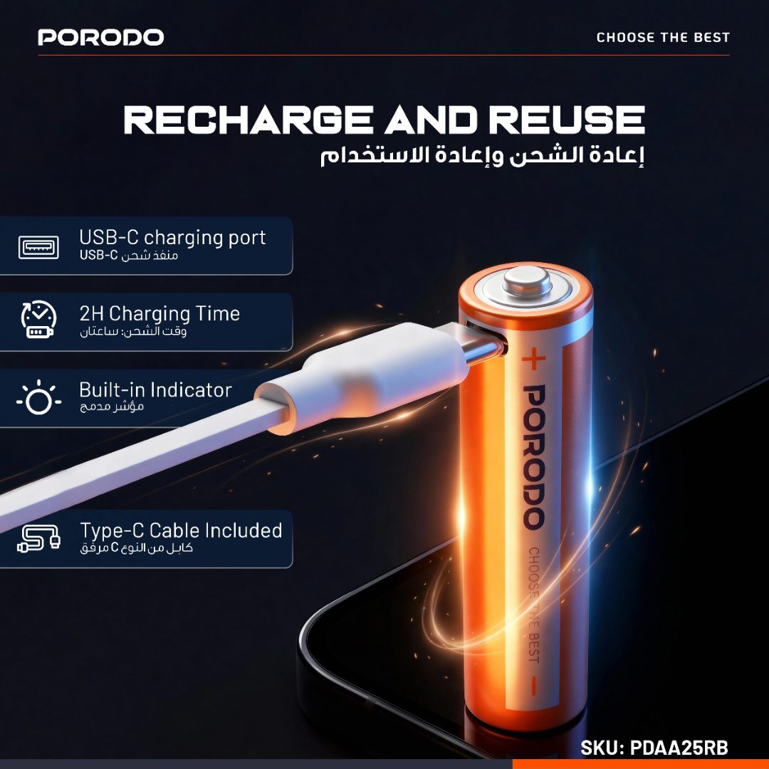 PORODO AA Lithium USB-C Rechargeable Batteries 4-Pack 5