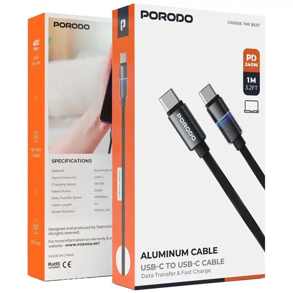 Porodo Aluminum USB-C to USB-C Cable 240W 3