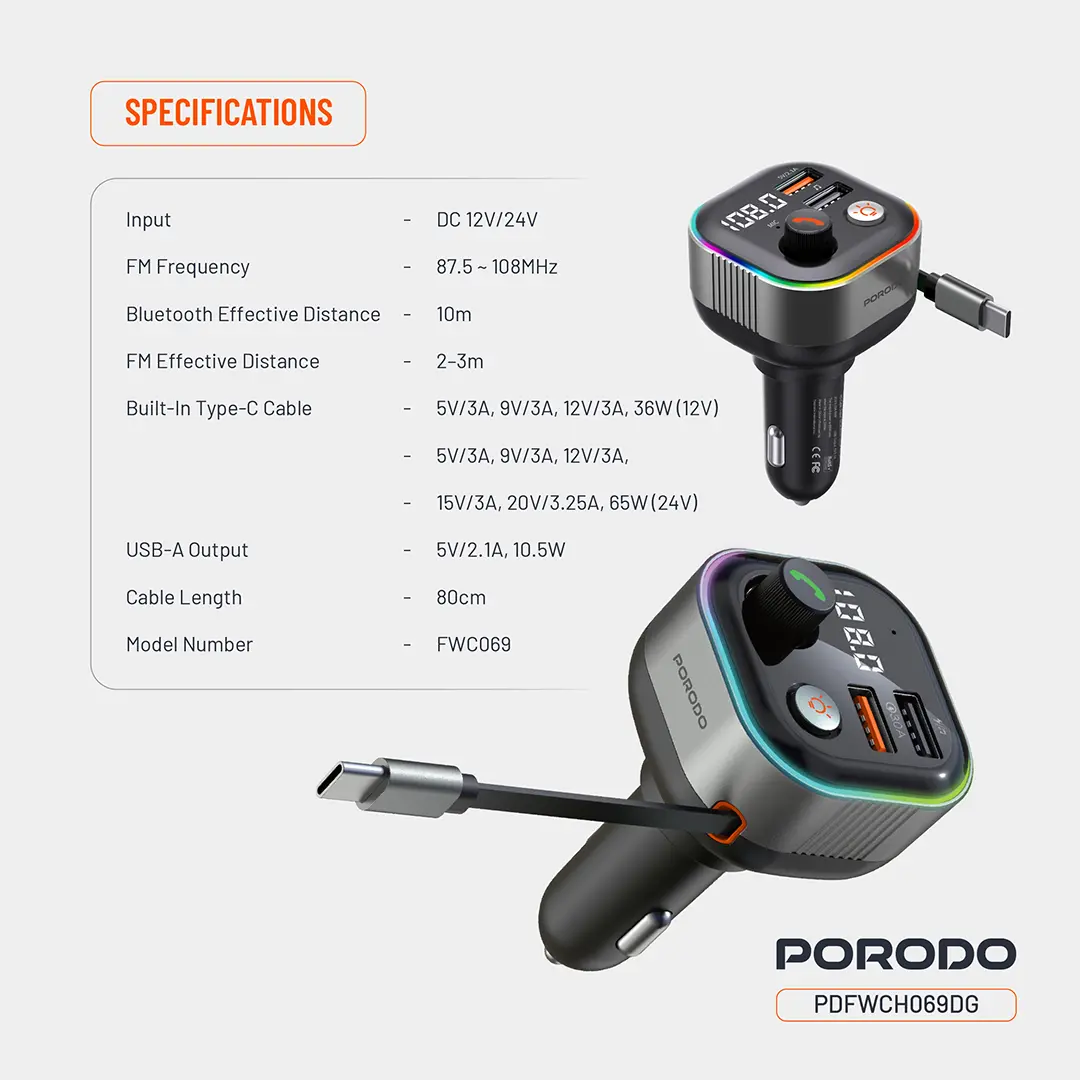 Porodo Audio Boost Bluetooth FM Transmitter 8