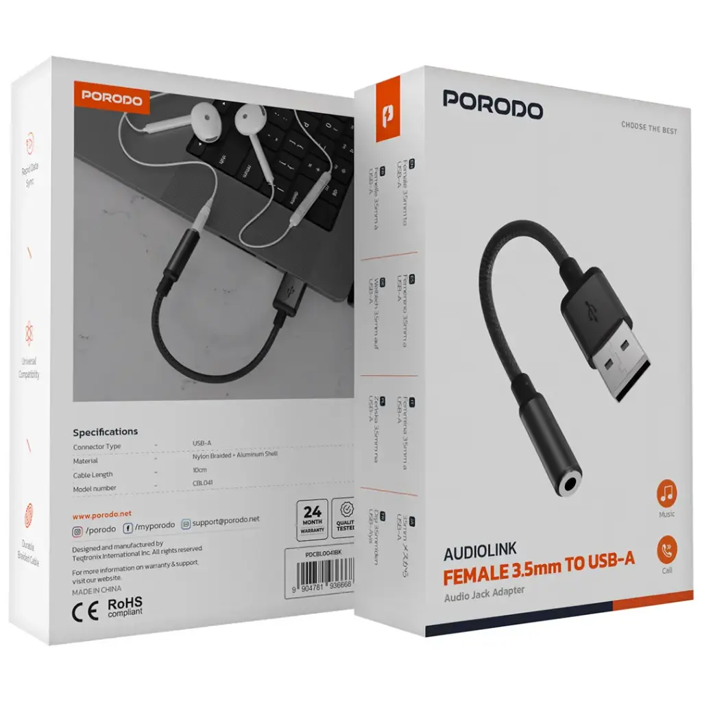 Porodo Audiolink Female 3.5mm to USB-A Audio Jack Adapter 3