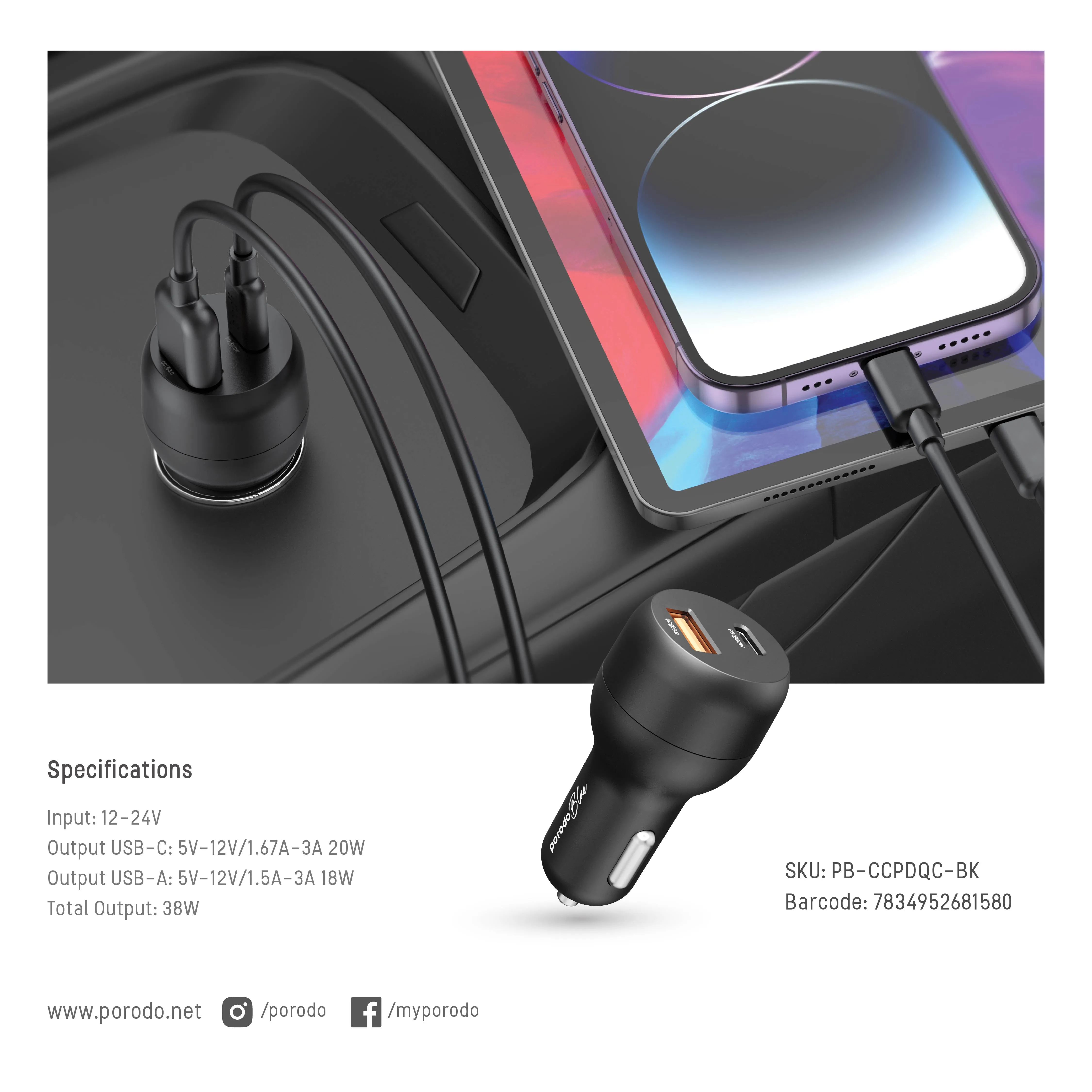 Porodo Blue Dual Port Car Charger 6