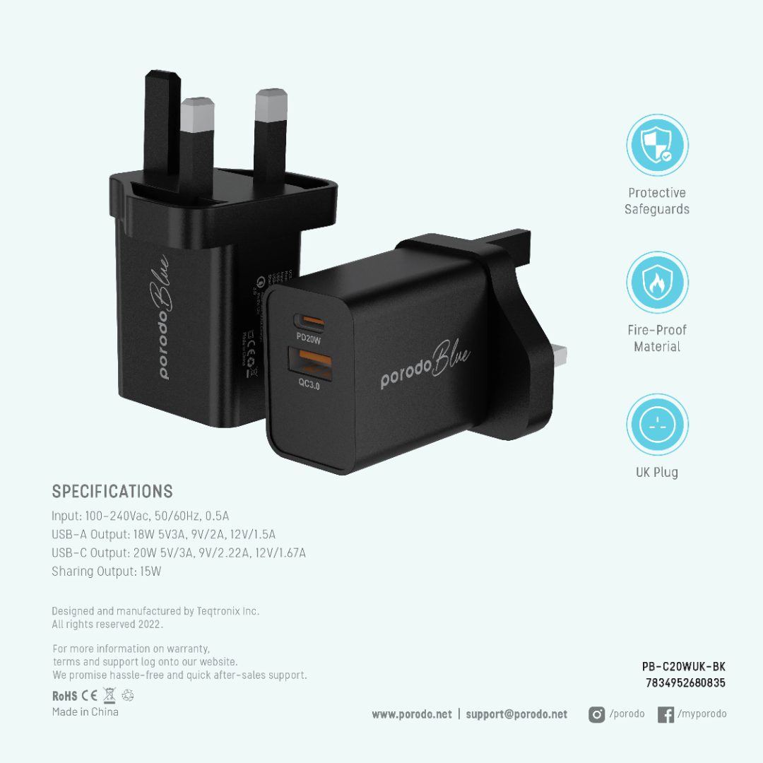 Porodo Blue Dual USB Wall Charger 2
