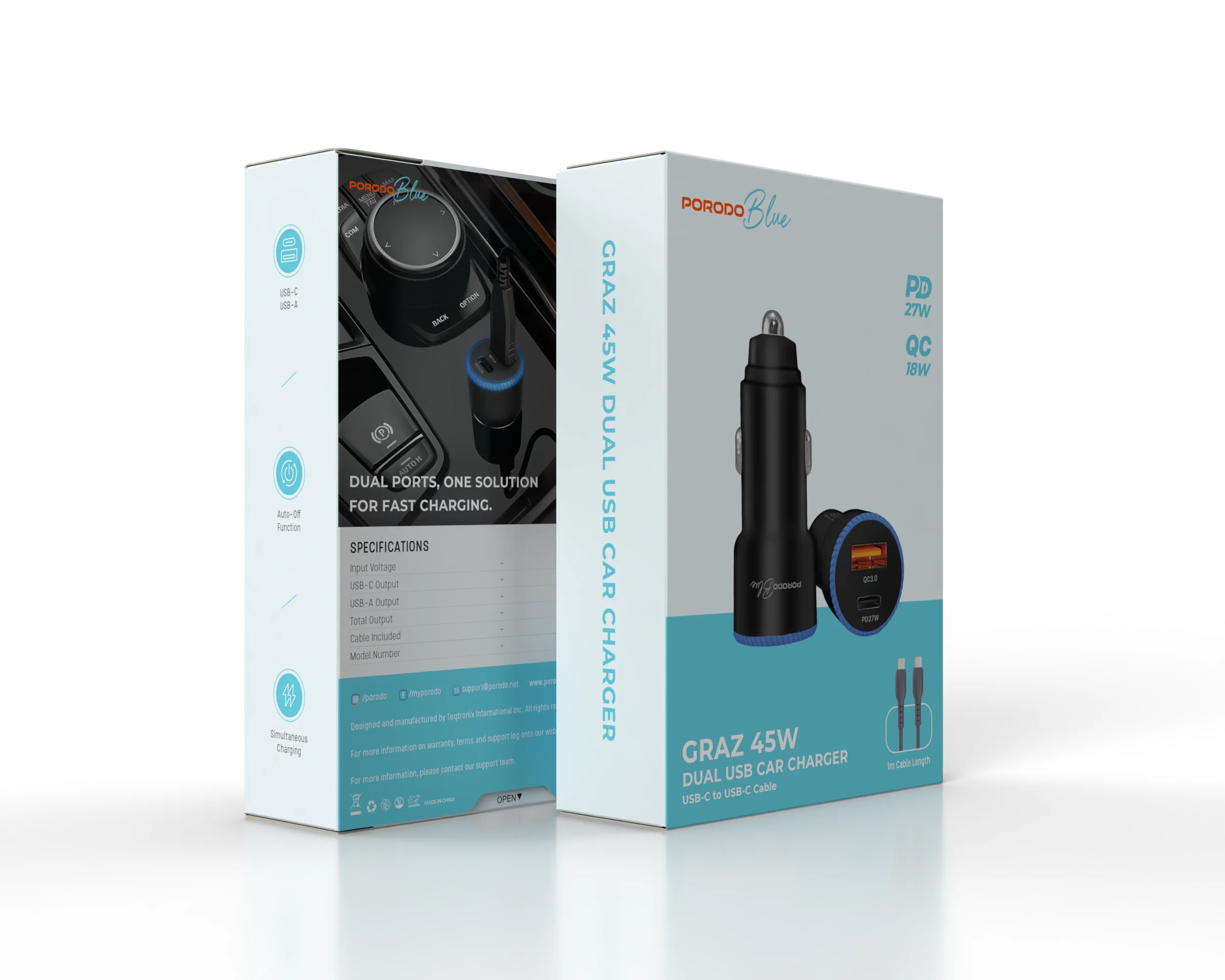 Porodo Blue Car Charger 45W Dual Port 5