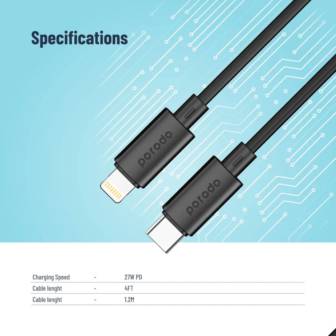 Porodo Blue USB-C to Lightning Data Cable 4