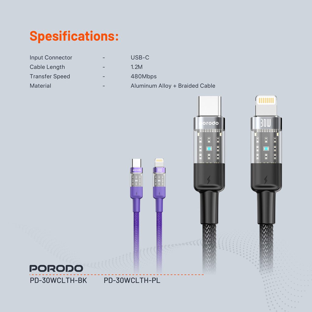 Porodo Braided USB-C to Lightning Cable 1.2m 3