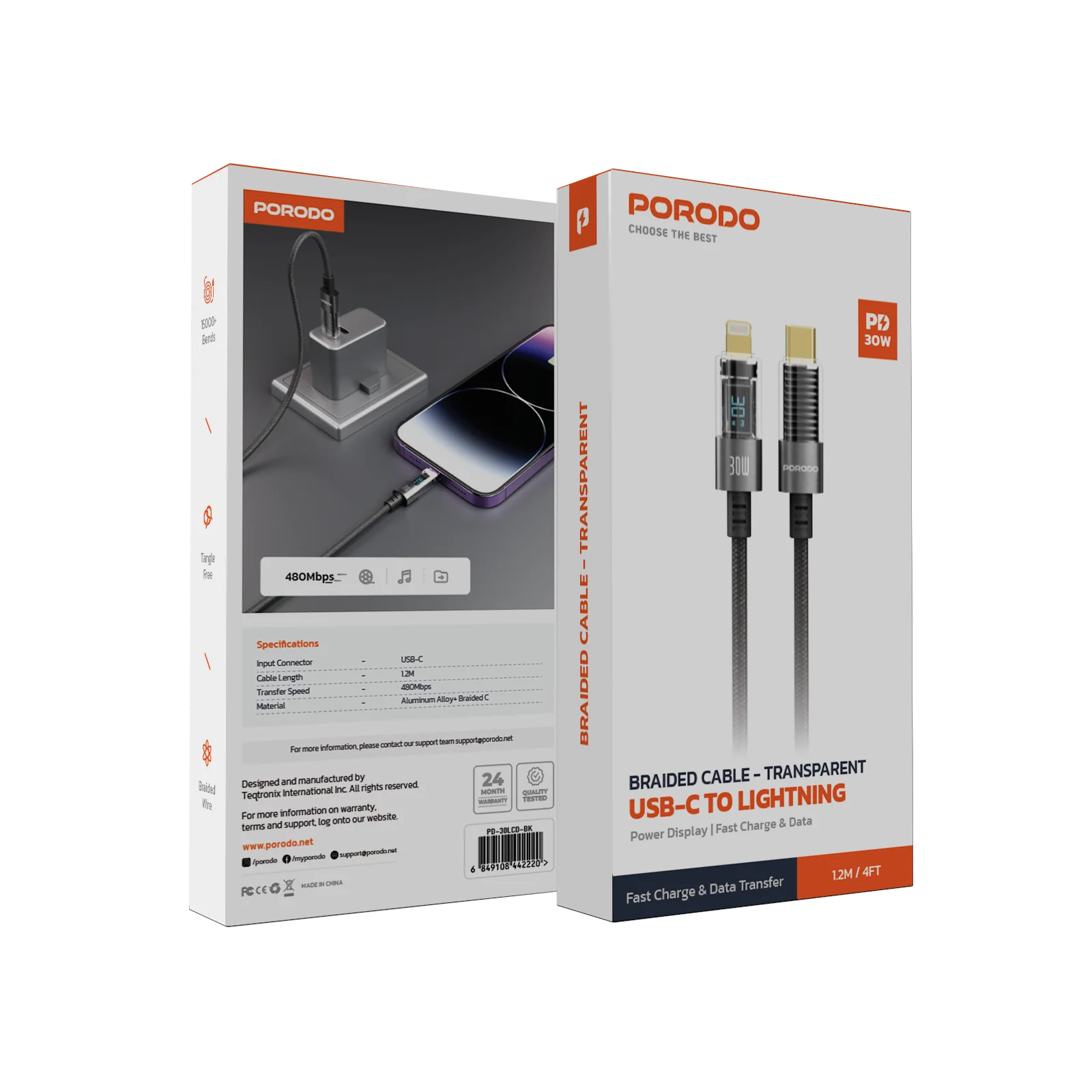 Porodo Braided USB-C to Lightning Cable 4ft 2