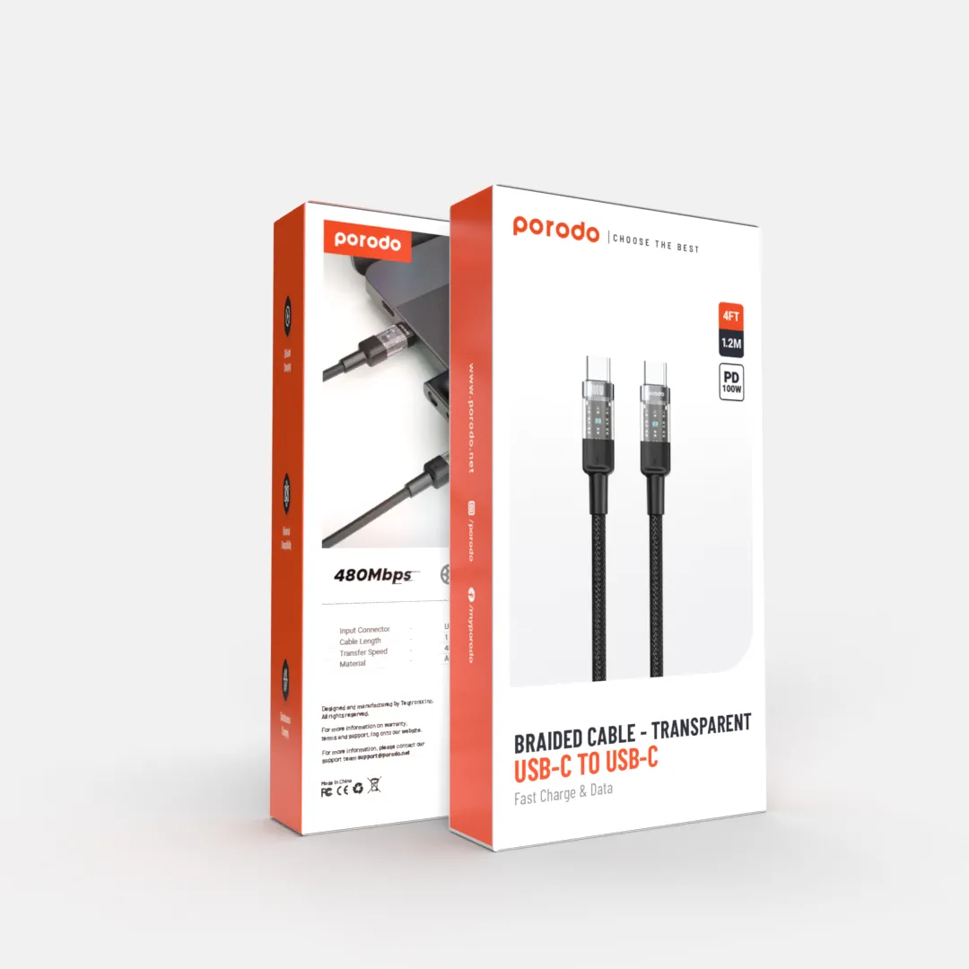 Porodo Braided USB-C to USB-C Cable 1.2m Fast Charge & Data 3