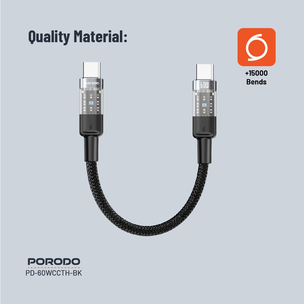 Porodo Braided USB-C to USB-C Cable 35cm Fast Charge & Data 3