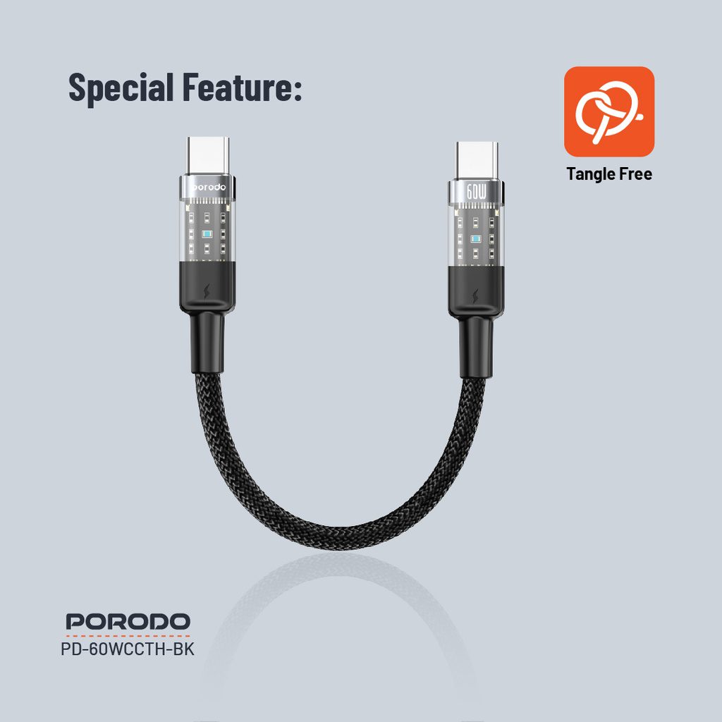 Porodo Braided USB-C to USB-C Cable 35cm Fast Charge & Data 4