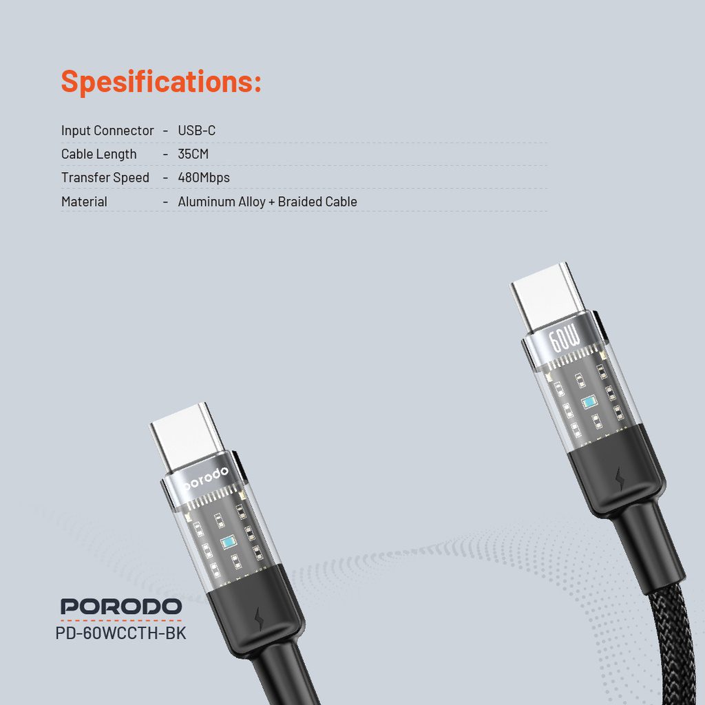 Porodo Braided USB-C to USB-C Cable 35cm Fast Charge & Data 5
