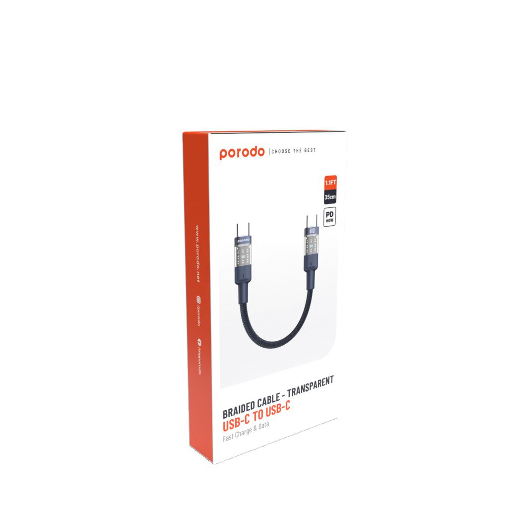 Porodo Braided USB-C to USB-C Cable 35cm Fast Charge & Data 6