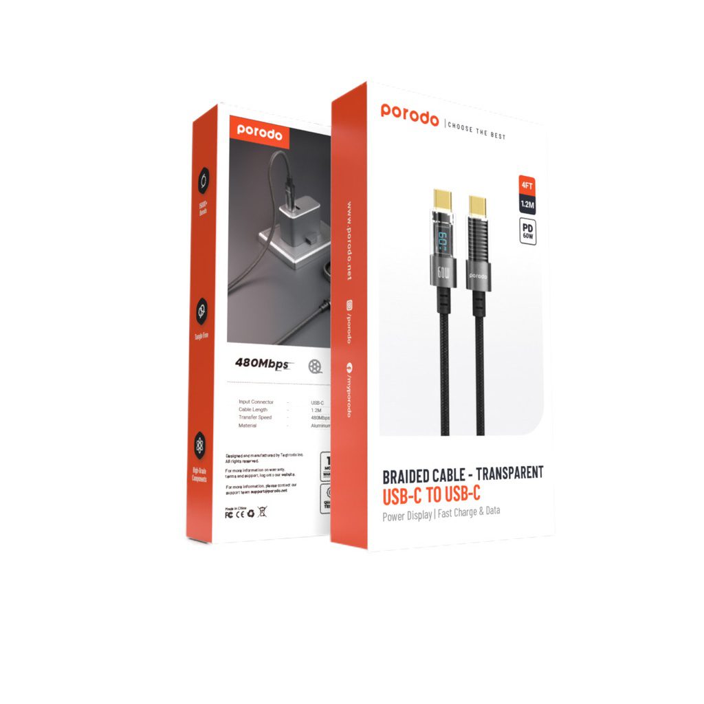 Porodo Braided USB-C to USB-C Cable 4ft 3