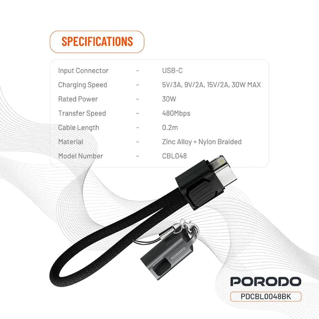 Porodo Chargeloop Keychain Data Cable USB-C to Lightning 7