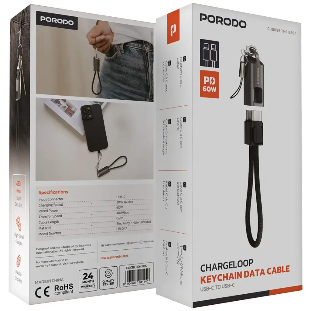 Porodo Chargeloop Keychain Data Cable USB-C to USB-C 4