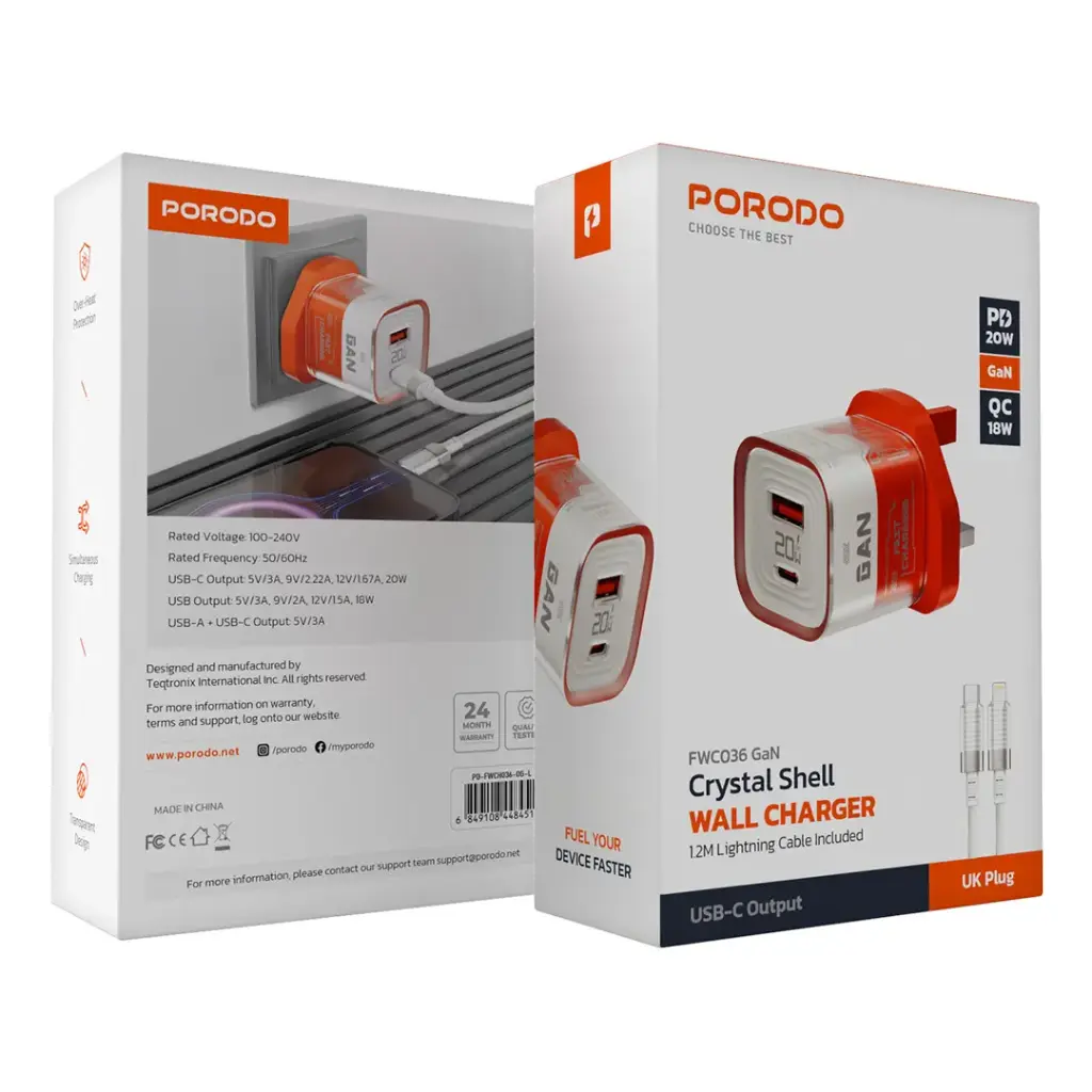 Porodo Crystal Shell GaN Wall Charger 1.2M Lightning Cable Included 2