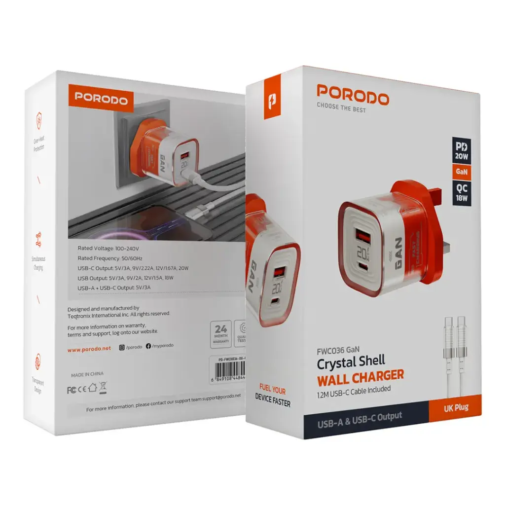 Porodo Crystal Shell GaN Wall Charger 1.2M USB-C Cable Included 2