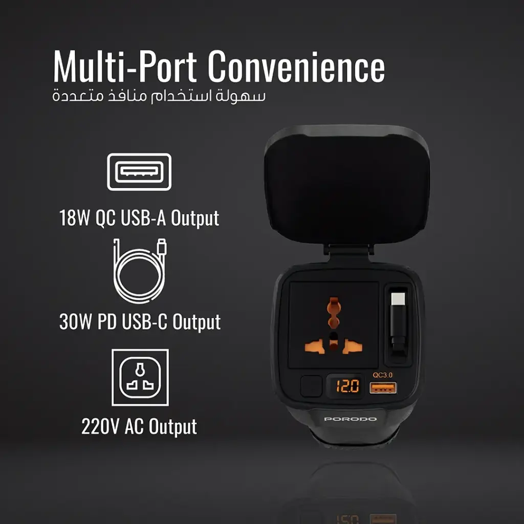 Porodo DriveStation 200W Car Power Inverter with Real-Time Voltage Display 2