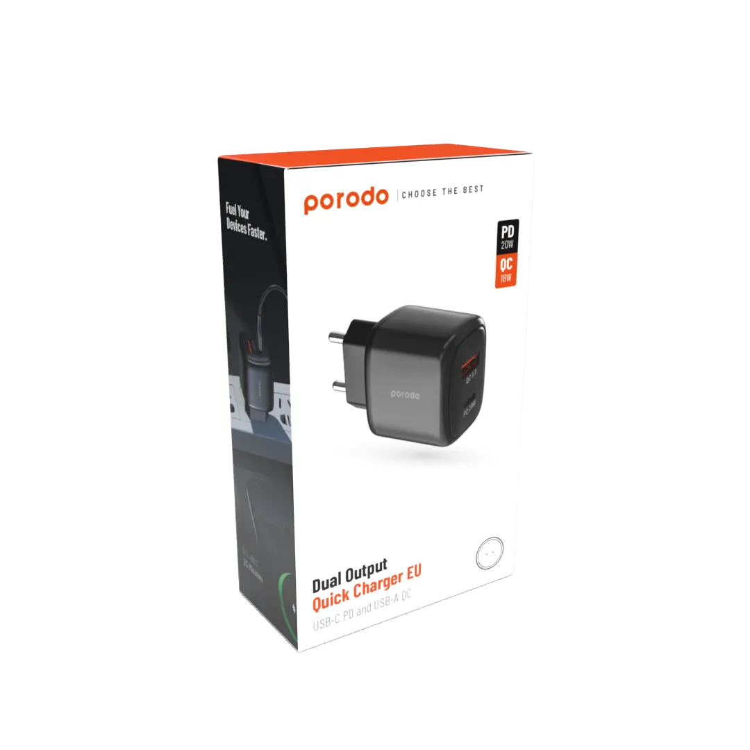 Porodo Dual Output Quick Charger EU USB-C PD And USB-A QC 2
