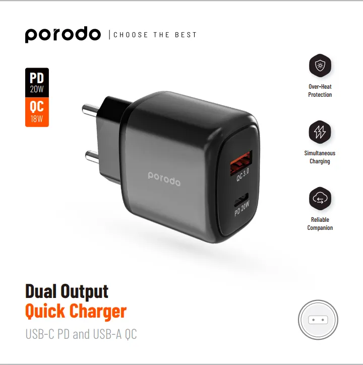 Porodo Dual Output Quick Charger EU USB-C PD And USB-A QC 7